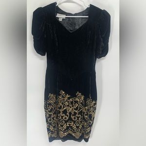 Jessica McClintock Gunne Sax vintage black dress velvet gold glitter holiday